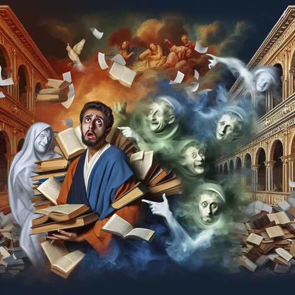 Een dramatische scène in barokstijl van een persoon overweldigd door boeken en papieren, met een verwilde uitdrukking, omringd door etherische figuren die twijfel vertegenwoordigen.