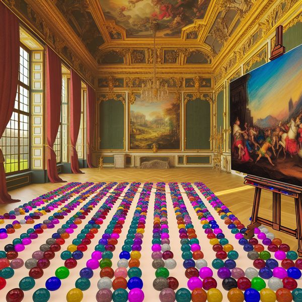 Barok Schilderij in Een Kleurrijke Kunststudio Barokke schilderij op een versierde ezel in een kunststudio met veel kleuren, natuurlijk licht en perfect gerangschikte marmeren ballen op de vloer.