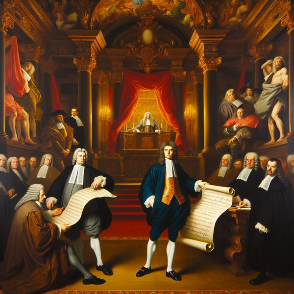Barokschilderij van Trouw en Plicht Een barokschilderij van een nobele figuur die trouw en plicht symboliseert, omringd door open scrollen met beloften.