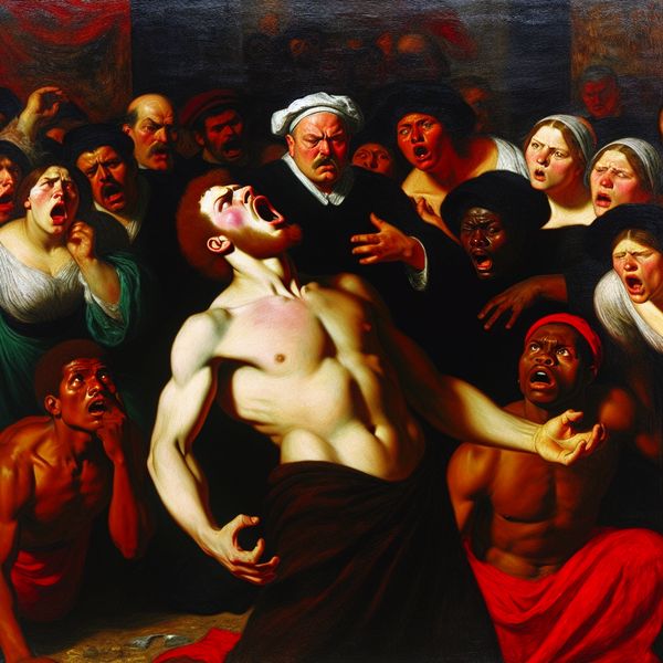 Emotionele Barok Schreeuw - Geluid van Pijn of Woede Dramatische Barok scène met een persoon die schreeuwt van pijn of woede, omringd door een geschrokken menigte.