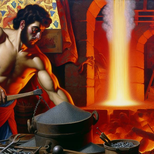 Barokke scène van sinteren in de metallurgie Een ervaren vakman die toezicht houdt op een smeltoven met gloeiende metaalpoeders in een barokke setting.