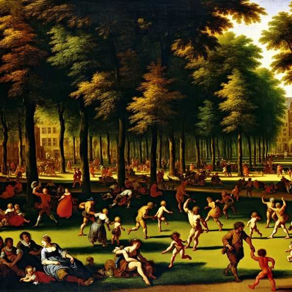 Barokke voorstelling van een levendig stadspark met spelende kinderen, wandelende families en weelderige groene natuur in de stad