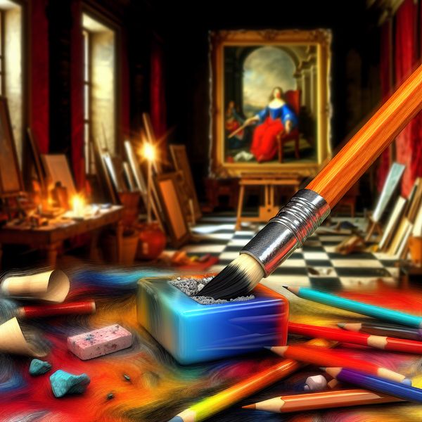 Barok Stillleven met Potlood en Gum voor Creativiteit Een stillleven met een potlood en een kleurrijke gum in het midden, omgeven door kunstbenodigdheden in een artistieke studio.