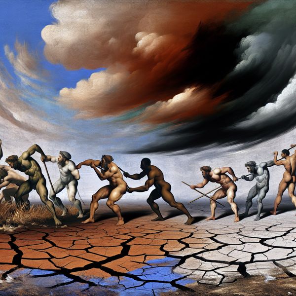 Barokke strijd tegen de natuur in een dramatische scène Een dramatische Barokscene met versleten grond, met scheuren en plassen door de regen, en sterke mannen die tegen de elementen vechten.
