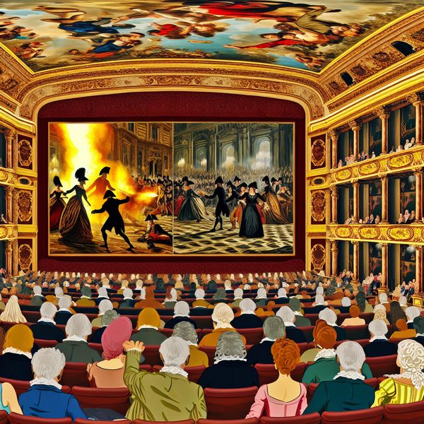 Een levendige scène in een Barok theater met publiek dat gefascineerd kijkt naar een film; linkerzijde toont een spannende actie en rechterzijde een humoristisch moment.