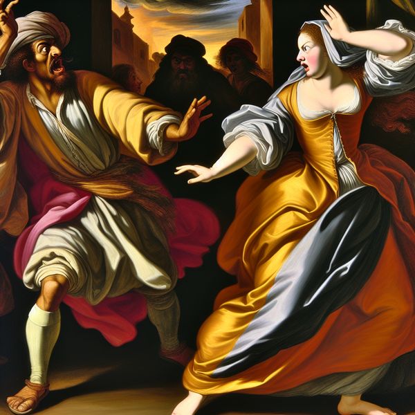 Barokke uitroep 'He!' om aandacht te trekken - Taal leren Nederlands Barokke scène van een persoon in 17e-eeuwse kleding die 'He!' roept om aandacht te trekken van een ander, dynamische compositie met warme kleuren en dramatisch licht