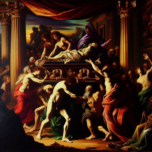 Barokke uitvaarttafereel: afscheid nemen van een dierbare tijdens de uitvaart Barokke uitvaartscène met familie die afscheid neemt van een overledene in een rijkversierde kist, geschilderd in de stijl van Peter Paul Rubens