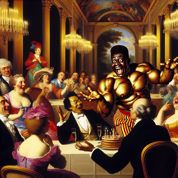Barokke verjaardagsfeest met flamboyante comedian Barokke scène van een luxe verjaardagsfeest met een flamboyante comedian die een ongepaste grap vertelt aan een diverse menigte die varieert van schaterlachen tot geschrokken reacties.
