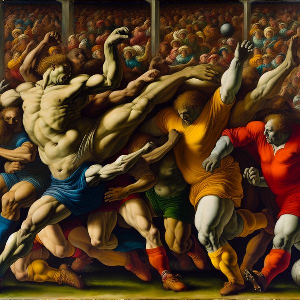 Heroïsche voetbalverdediging in barokstijl: achterhoede in actie Barokke schilderkunst van een cruciale voetbalmoment waarbij de achterhoede van een team de aanval van de tegenstander blokkeert met heroïsche inspanning en dynamiek