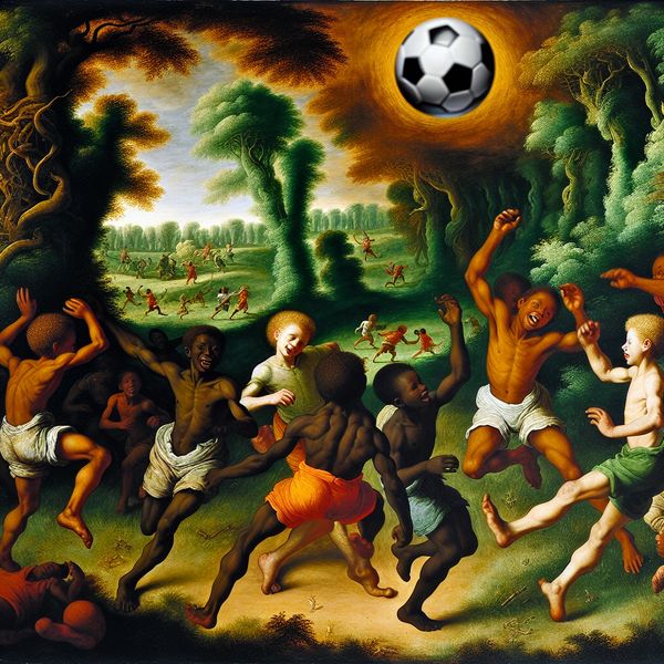 Kunstwerk voetbalspelende kinderen in barokstijl - sport en spel in schilderkunst Barokke schildering van vrolijke kinderen die voetbal spelen in een weelderig park, dynamische beweging en warme kleuren