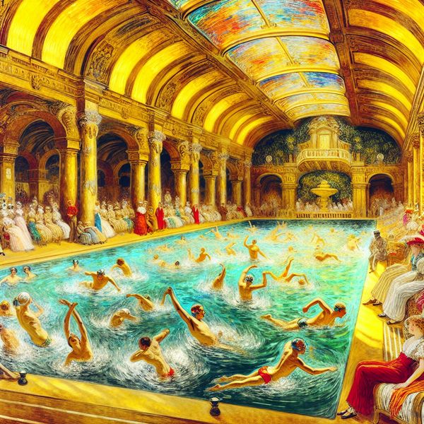 Barok zwembad scène: sport en ontspanning in luxueus bassin met zwemmers Barokke voorstelling van een weelderig overdekt zwembad met zwemmende en ontspannende figuren in dynamische poses, omgeven door klassieke architectuur en groen