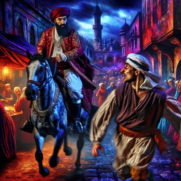 Barokke achtervolging: politieagent achtervolgt dief in Rubens-stijl schilderij Barokke achtervolgingsscène in de stijl van Peter Paul Rubens: een politieagent te paard achtervolgt een dief door een druk 17e-eeuws stadscentrum