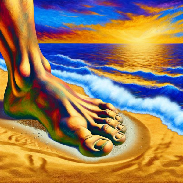 Barokke Afdruk van een Voet op het Strand Een levensechte afdruk van een voet in het zand, omringd door golven en een gouden zonsondergang op de achtergrond.