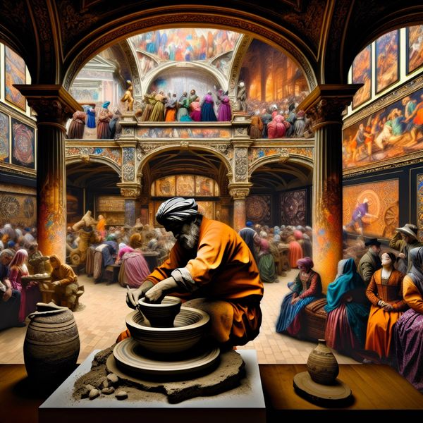 Barokke Ambachten: Pottenbakker en Traditionele Handvaardigheid Een pottenbakker die met passie klei vormt op een draaischijf in een museum, omringd door traditionele ambachten zoals houtbewerking en weven.