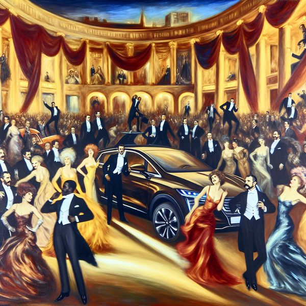 Barokke autotentoonstelling in Rubens-stijl: luxe en innovatie in een dynamische compositie Barokke tentoonstellingsscène met elegante figuren rond glanzende auto's in een weelderige setting, geïnspireerd op Peter Paul Rubens