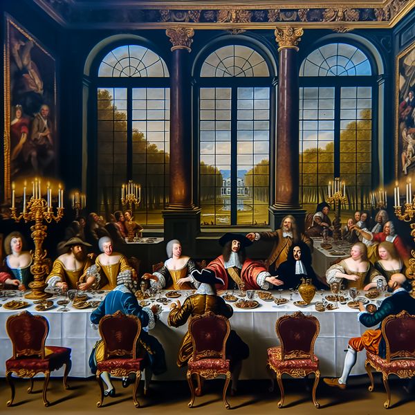 Barokke banketscène met diverse gasten en centrale figuur Een barokke banketscène met een centraal figure in formele outfit aan een lange eettafel, omringd door diverse gasten in levendige conversatie.