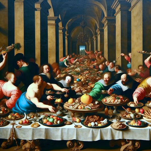 Barokke banquettafel met lege schotel Barokke scène met een uitbundig tafel met overvloedig voedsel en een groot leeg bord in het midden