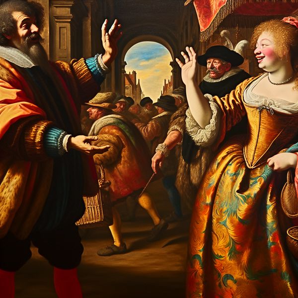 Barokke begroeting overdag: vriendelijk zwaaien en 'dag' zeggen in historische setting Twee mensen begroeten elkaar vriendelijk met 'dag' in een levendige 17e-eeuwse markt in barokstijl