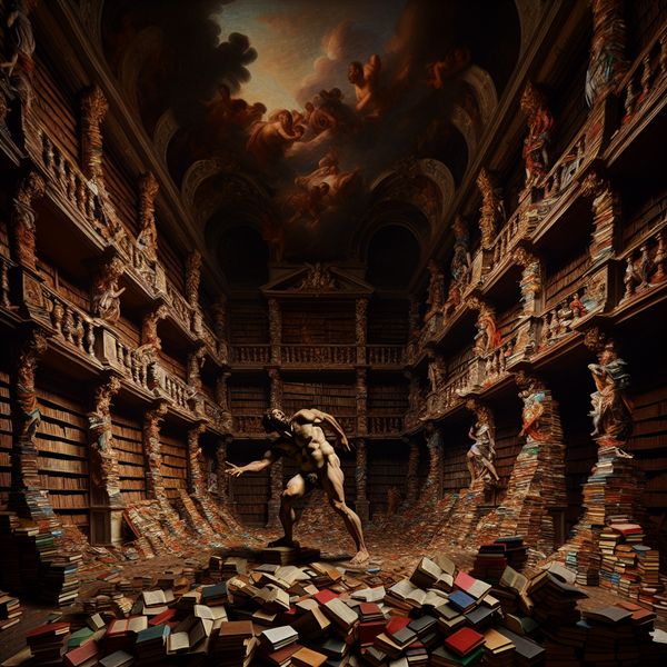 Barokke boekenovervloed: visuele metafoor voor 'zoveel' en grote hoeveelheden Barokke bibliotheek vol boeken met persoon die armen spreidt in overvloed van kennis, illustratie van 'zoveel'