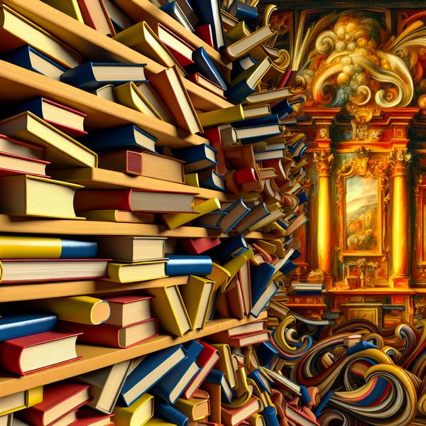 Barokke boekenkast met kleurrijke boeken in beperkte ruimte Barokke boekenkast met overlopende boeken in warme gouden verlichting