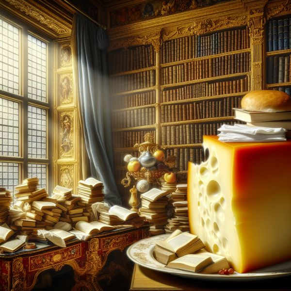 Overvloedige Barokke Tafel met Boeken en Kaasplank Een barokke bureau met een stapel boeken en een kaasplank, verlicht door zonlicht.