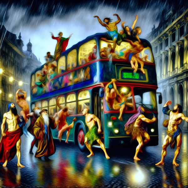 Openbaar vervoer in barokstijl: levendige busreis door historische stad Barokke stadsstraat met een weelderige openbare bus vol levendige passagiers in 17e-eeuwse kleding, regenachtige sfeer met reflecterend natte kasseien