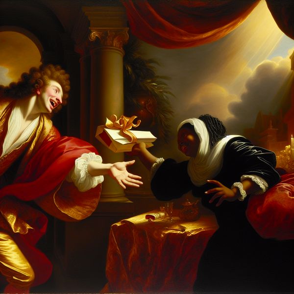 Barokke scène van waardering en dankbaarheid met cadeau-uitwisseling Twee elegante figuren in een barokke setting tonen waardering door een boek als cadeau te geven, met warme emoties en rijke details