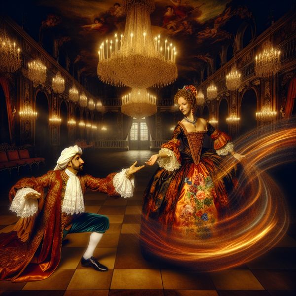 Barokke danspartner: dame in elegante balzaal uitnodiging voor dans Barokke dansscène met een heer die een dame uitnodigt voor een dans in een weelderige balzaal, 17e-eeuwse kleding en sierlijke bewegingen