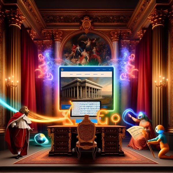 Barokke digitale werkruimte met gemeentelijke website en online afspraken Barokke voorstelling van een digitaal werkblad met een gemeentelijke website en allegorische figuren die informatie en connectiviteit symboliseren