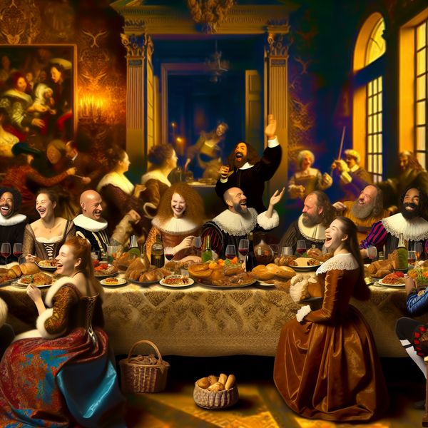 Barokke Diner Scene vol Vreugde en Camaraderie Barok tafereel met gasten rond een rijkversierde eettafel