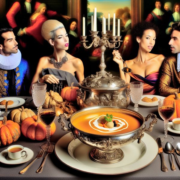 Barokke restauranttafel met luxe pompoensoep als eerste gang van een meer gangen diner, stijl van Peter Paul Rubens