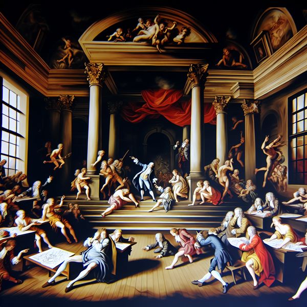 Barokke Examenscène van Rubens: Vermogen in Actie Barokke scène van klaslokaal met studenten die verschillende examens afleggen