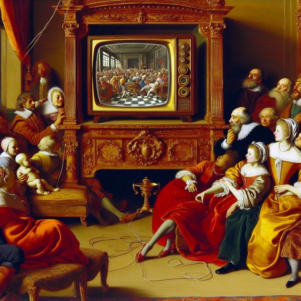Barokke televisie-ervaring: gezellig samen kijken naar de t in informele setting Barokke familietaferelen rond een antieke televisie met warme, levendige uitstraling in de stijl van Rubens