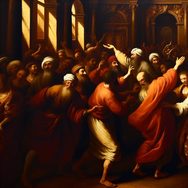 Barokke groet: hartelijk afscheid of ontmoeting in Rubens-stijl Barokke scène van een hartelijke begroeting of afscheid tussen twee mensen in een weelderige setting, met warme kleuren en expressieve gebaren