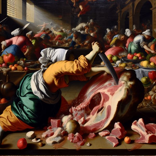 Chaotische Barokke keuken met chef en zacht vlees Een chaotische keuken waar een chef moeite heeft om een groot stuk vlees te snijden dat te zacht is, met een levendige achtergrond van groenten en fruit.