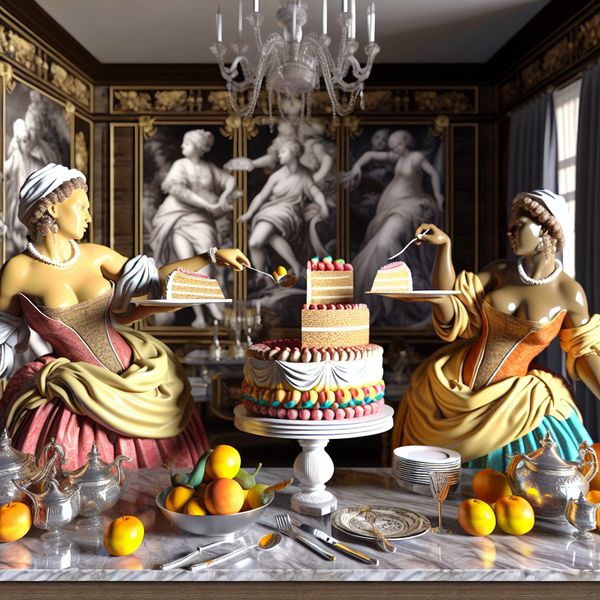 Twee elegante vrouwen in een barokke keuken delen een cake in drie gelijke stukken