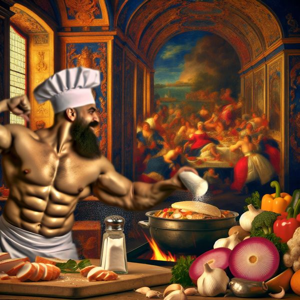 Koken zonder zout: smakelijke gerechten bereiden zonder essentiële ingrediënten Barokke keukenscène met een chef die een smakelijk gerecht bereidt zonder zout toe te voegen, omringd door verse ingrediënten en weelderige details