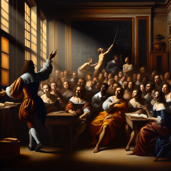 Barokke klassikale les: dynamisch onderwijs geven aan leerlingen Barokke klaslokaalscène met een enthousiaste leraar die lesgeeft aan een groep geëngageerde studenten in een dynamische en levendige omgeving