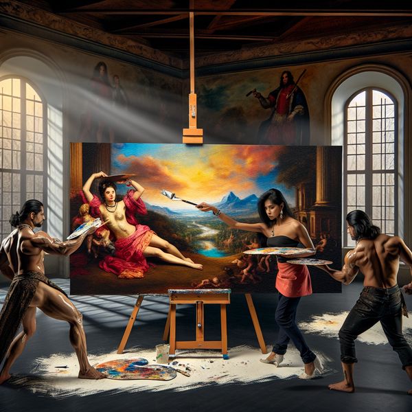 Barokke kunstenaar met paletmes in studio Een kunstenaar in een barokke studio werkt met een paletmes aan een groot canvas dat een levendig landschap toont met ruwgewerkte randen.