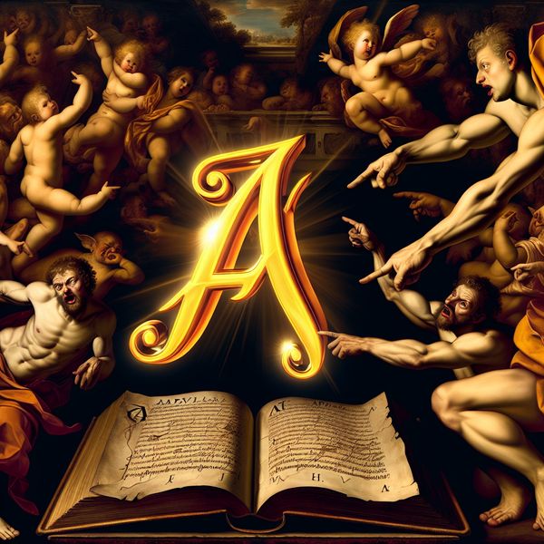 Barokke illustratie eerste letter alfabet A met woord appel voor taalonderwijs Grote gouden letter A omringd door barokke figuren en engeltjes met het woord 'appel' in een open boek, symboliserend de eerste letter van het alfabet