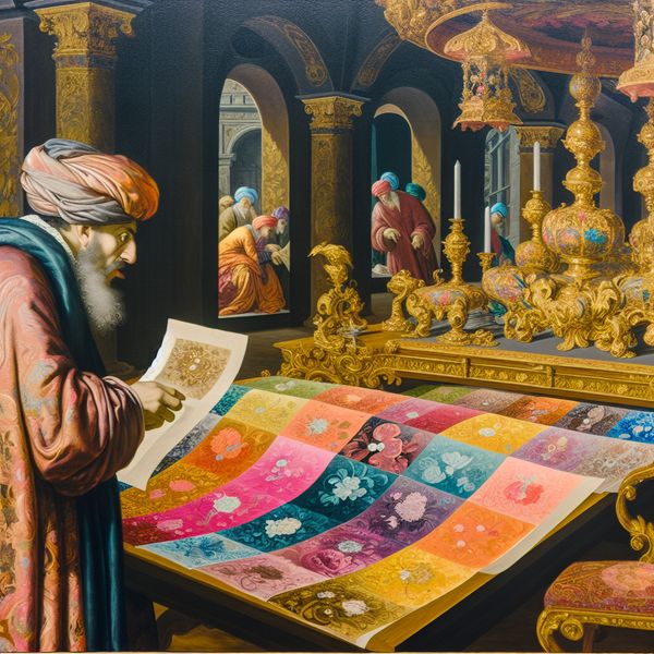 Barokke man onderzoekt details van een tafelsetting Man in barokke omgeving bestudeert een elegant gedekte tafel vol kleurige documenten terwijl hij zijn fussy houding toont.