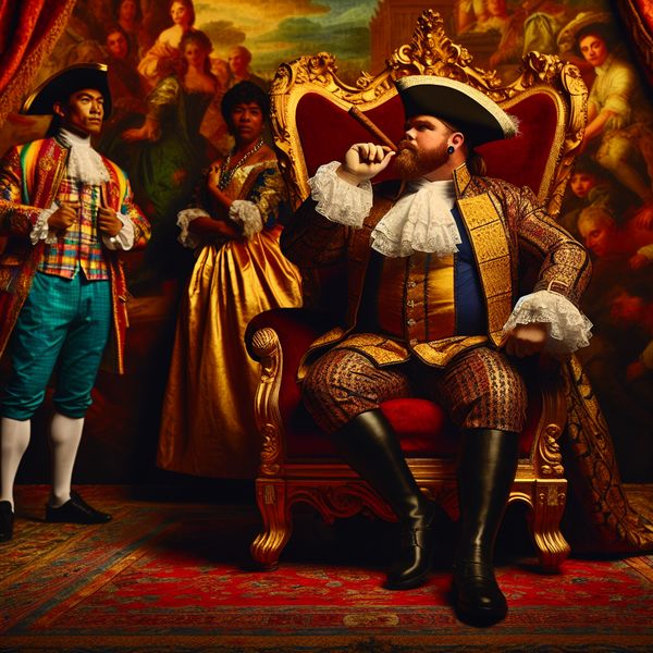 Barokke man op troon met sigaar als statussymbool Man in barokke kleding op een gouden troon met een luxe sigaar, omringd door bewonderende attendants.