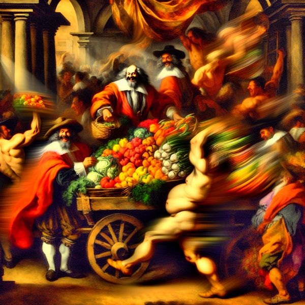Barokke markthandel: levendige verkoop van verse groenten in Rubens-stijl Barokke marktscène met dynamische handelaar die weelderige groenten verkoopt aan enthousiaste kopers in een 17e-eeuwse setting