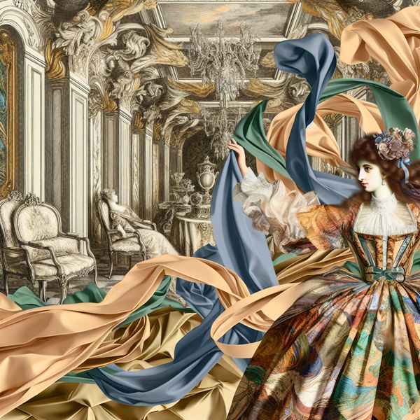 Luxueuze Barokke Mode met Satijnen Lint Vrouw in een luxe barokke modeoutfit die een satijnen lint strakker trekt om haar taille.