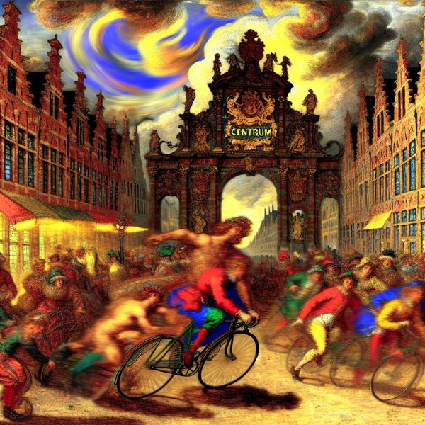 Barokke voorstelling van het woord 'naar' in een 17e-eeuwse Vlaamse straat Barokke straatscène met een gespierde figuur op een vintage fiets die naar een stadspoort met het opschrift 'Centrum' rijdt, symbool voor beweging naar een bestemming