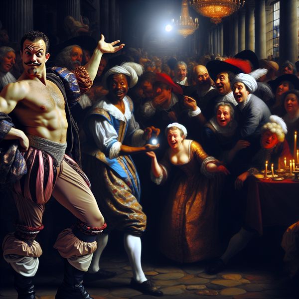 Barokke illustratie neus uitdrukking taal leren Nederlands Barokke marktscène met een man die een klein, glinsterend voorwerp in zijn hand toont, symbool voor 'een neus hebben voor' iets waardevols