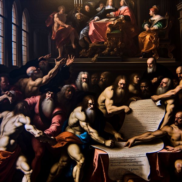 Barokke onderhandelingscène: voorwaarden en eisen in een dramatische setting Barokke scène van arbeiders die een eis voor hogere lonen presenteren aan een docent, met een dramatische sfeer en expressieve figuren