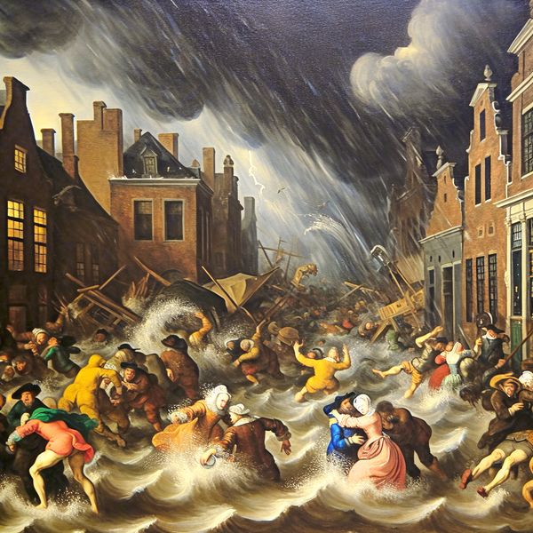 Barokke overstromingsscène met mensen die vechten tegen het wassende water in een straat, dramatisch verlichte hemel met bliksem