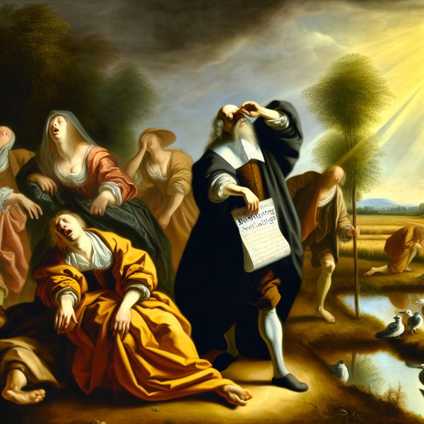 Barokke voorstelling van een pauze en verlichting na inspanning Barokke schilderijscène van een groep opgeluchte figuren in een zonnig landschap, met een document voor belastingverlaging als symbool van verlichting en rust