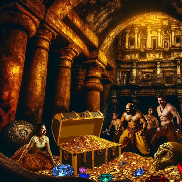 Barokke schatkamer vol glinsterende gouden munten, juwelen en sieraden, ontdekt door gespierde piraten in een ondergronds kasteel